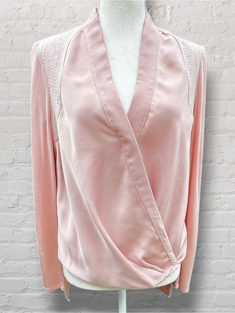 bebe Satin Faux Wrap Asymmetric Surplice Blouse Pink Size M